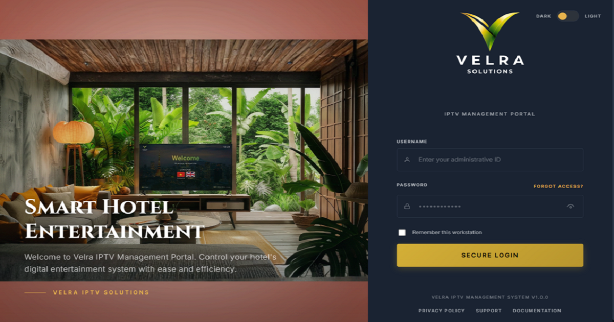 Giao diện hệ thống IPTV khách sạn Velra - Menu dịch vụ hotel, kênh truyền hình và điều khiển phòng trên Smart TV