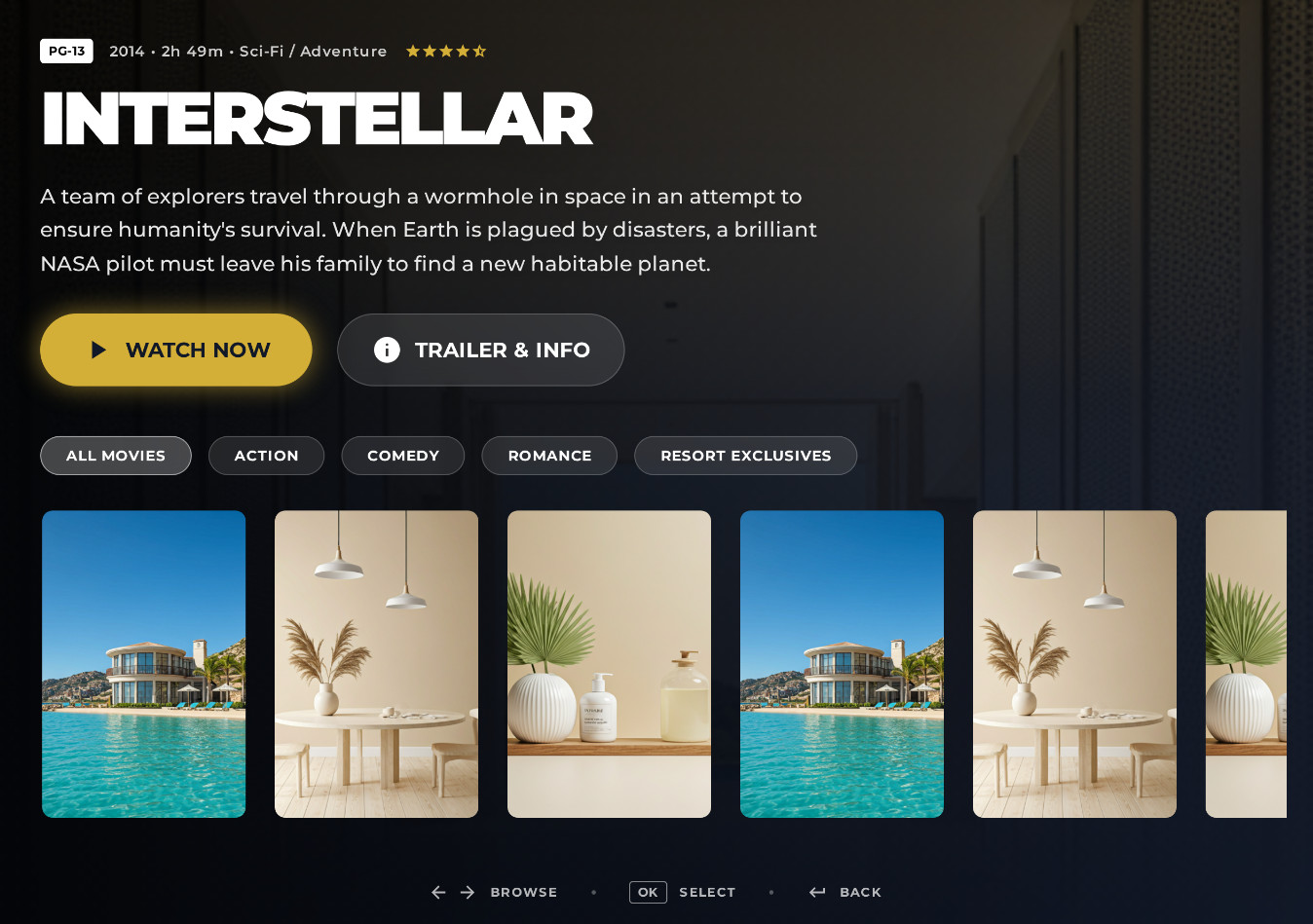 VOD with a rich movie library in guest rooms